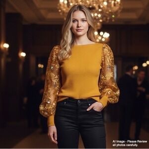Sioni Milano Womens Ribbed Knit Top Sequin Embroidered Mesh Sleeve Yellow S